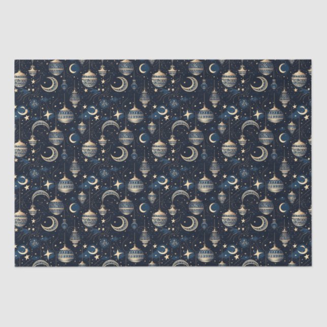 Blue and gold moon and lanterns tissue paper (Front)
