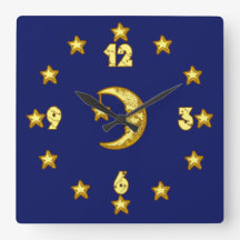 Blue and Gold Moon and Stars Wall Clock