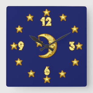 Blue and Gold Moon and Stars Wall Clock
