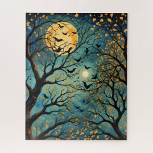 Blue and Gold Moon Bats at Night Jigsaw Puzzle