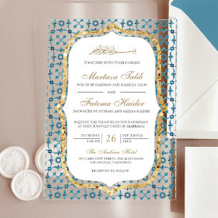 Blue and Gold Moroccan Tile Islamic Wedding  Acrylic Invitations