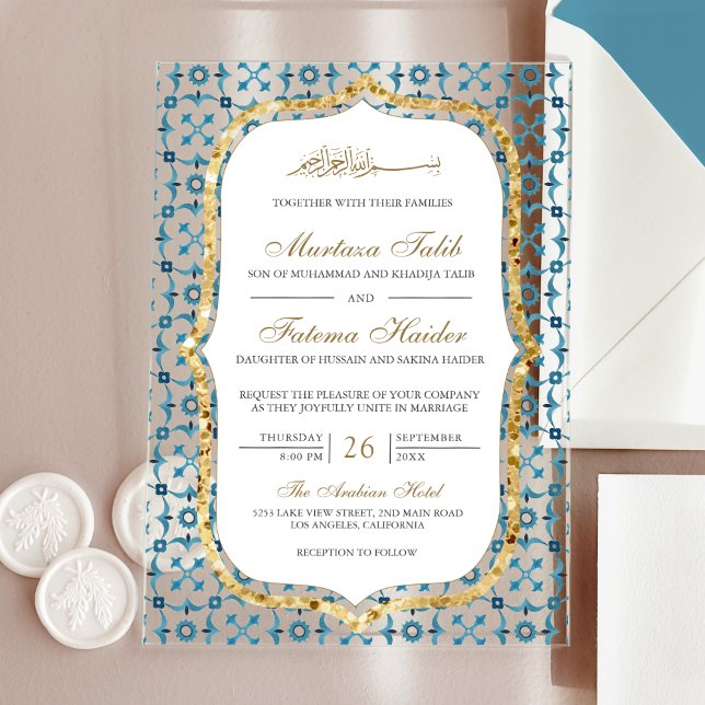 Blue and Gold Moroccan Tile Islamic Wedding  Acrylic Invitations (Creator Uploaded)