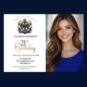 Blue and Gold Nautical Anchor 21st Birthday Photo Invitation