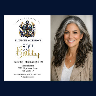 Blue and Gold Nautical Anchor 50th Birthday Photo Invitation