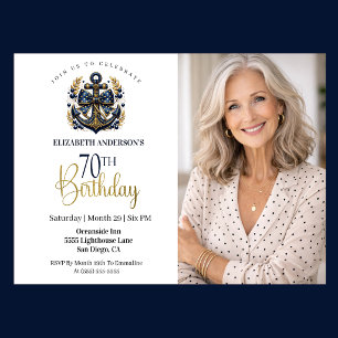 Blue and Gold Nautical Anchor 70th Birthday Photo Invitation