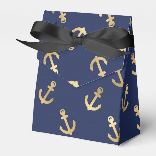 Blue and Gold Nautical Anchor Pattern Favour Box (Front Side)