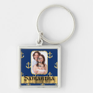 Blue and gold nautical anchor patterned key ring