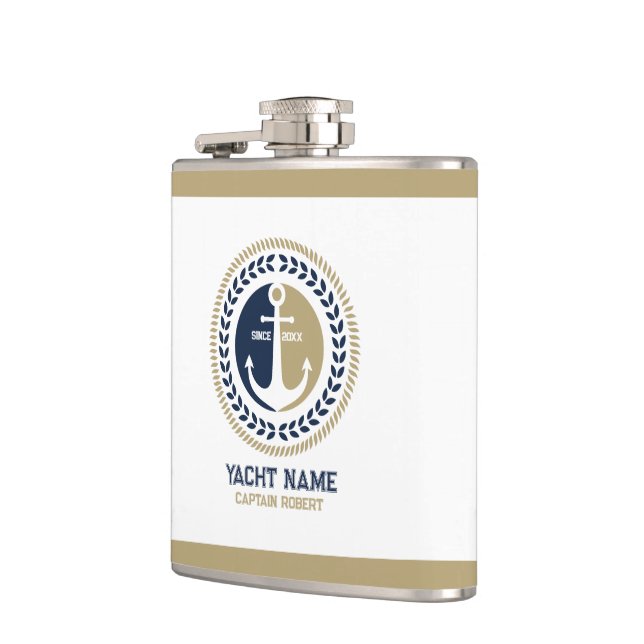 Blue and gold nautical boat anchor hip flask (Left)