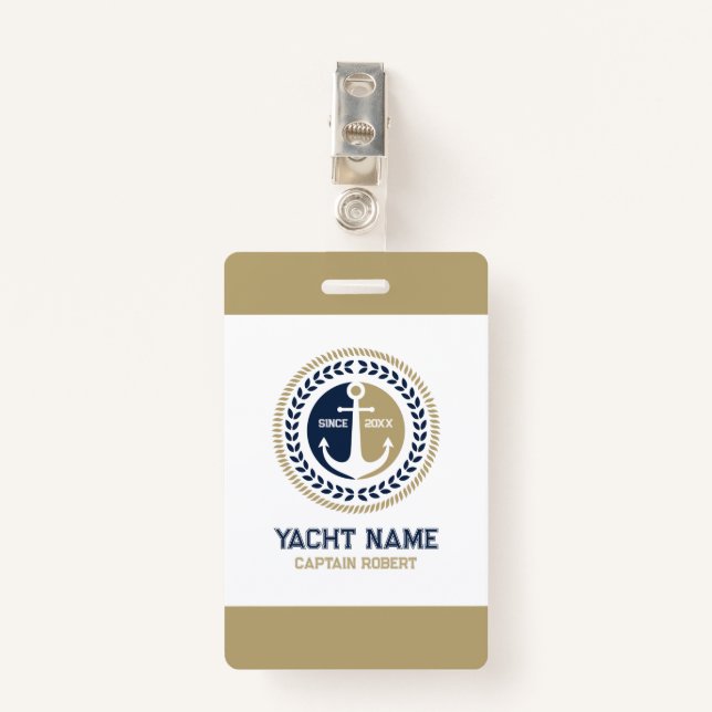 Blue and gold nautical boat anchor ID badge (Front with Clip)