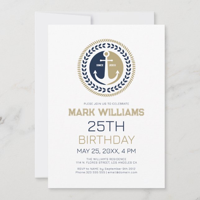 Blue and gold nautical boat anchor  invitation (Front)