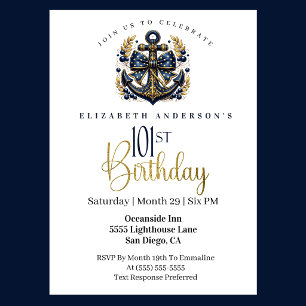 Blue and Gold Nautical Bow Anchor 101st Birthday Invitation