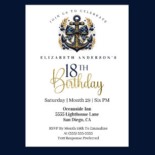 Blue and Gold Nautical Bow Anchor 18th Birthday Invitation