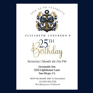 Blue and Gold Nautical Bow Anchor 25th Birthday Invitation