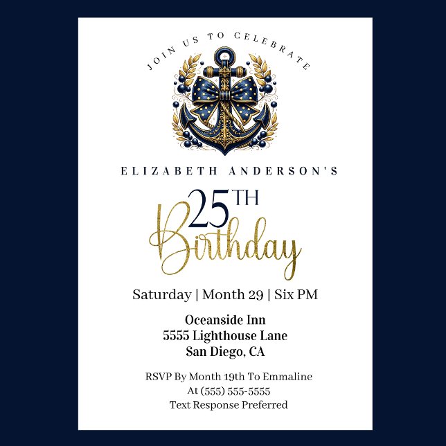 Blue and Gold Nautical Bow Anchor 25th Birthday Invitation (Blue and gold nautical anchor 25th birthday invitation)
