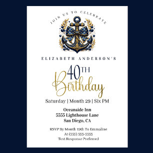 Blue and Gold Nautical Bow Anchor 40th Birthday Invitation