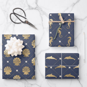 Blue and Gold Nautical Pattern Wrapping Paper Sheet