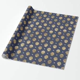 Blue and Gold Nautical Shell Pattern Wrapping Paper