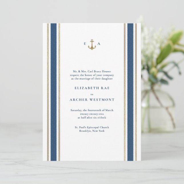 Blue and Gold Nautical Stripes Coastal Wedding Invitation (Standing Front)