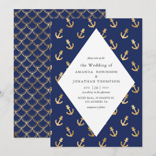 Blue and Gold Nautical Wedding Invitation