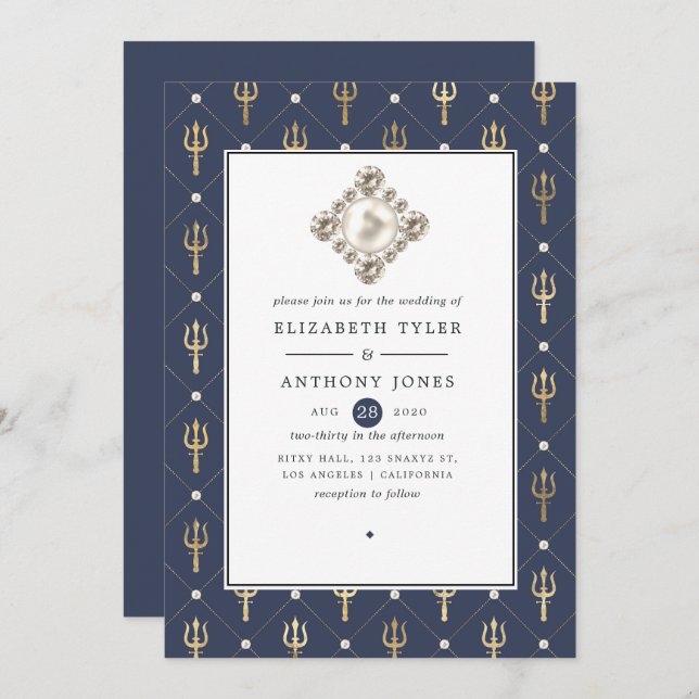 Blue and Gold Nautical Wedding Invitation (Front/Back)
