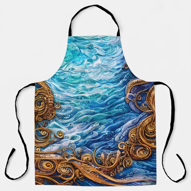 Blue and Gold Ocean  Ripple Waves Abstract Art Apron (Front)