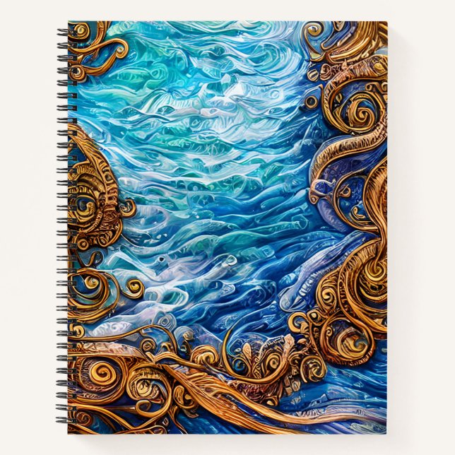 Blue and Gold Ocean  Ripple Waves Abstract Art Notebook (Front)