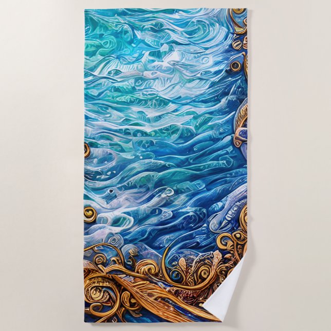 Blue and Gold Ocean  Ripple Waves Abstract Beach Towel (Front)