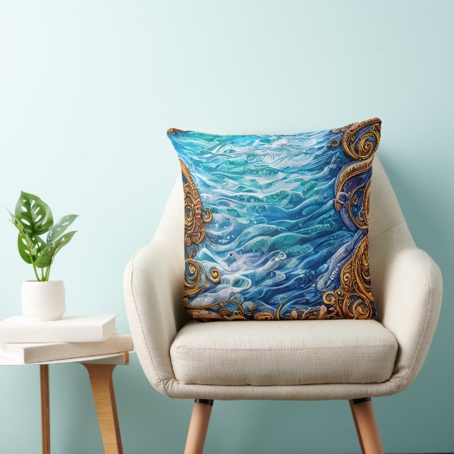 Blue and Gold Ocean  Ripple Waves Abstract Cushion (Chair)