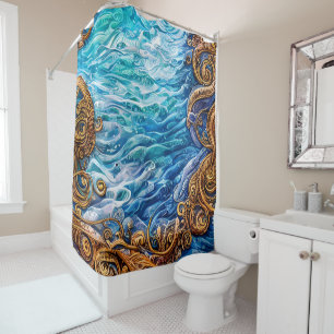 Blue and Gold Ocean  Ripple Waves Abstract Shower Curtain