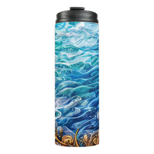 Blue and Gold Ocean  Ripple Waves Abstract Thermal Tumbler