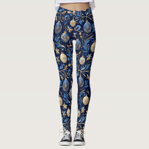 Blue and Gold Ornamental Christmas Designs Leggings