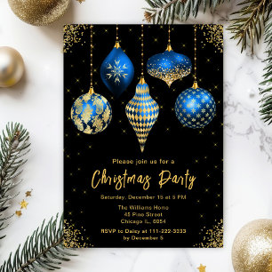 Blue and Gold Ornaments Christmas Party Invitation