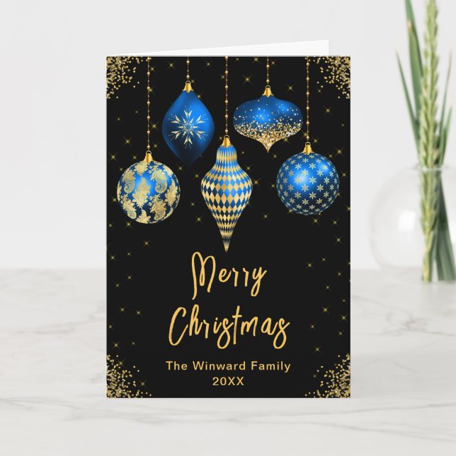 Blue and Gold Ornaments Merry Christmas Holiday Card (Front)