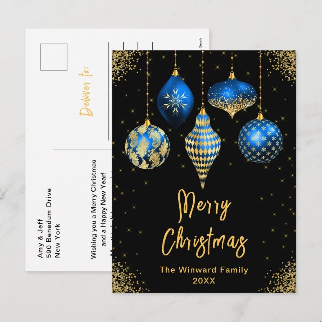 Blue and Gold Ornaments Merry Christmas Holiday Postcard (Front/Back)