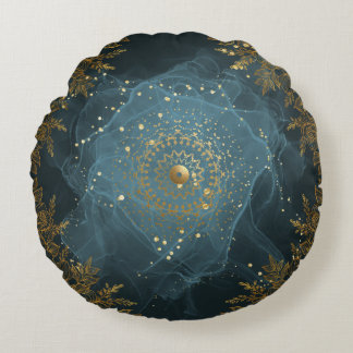 Blue and Gold Ornate flourish floral Round Cushion