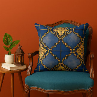 Blue and Gold Ornate Moroccan Tile Pattern Cushion