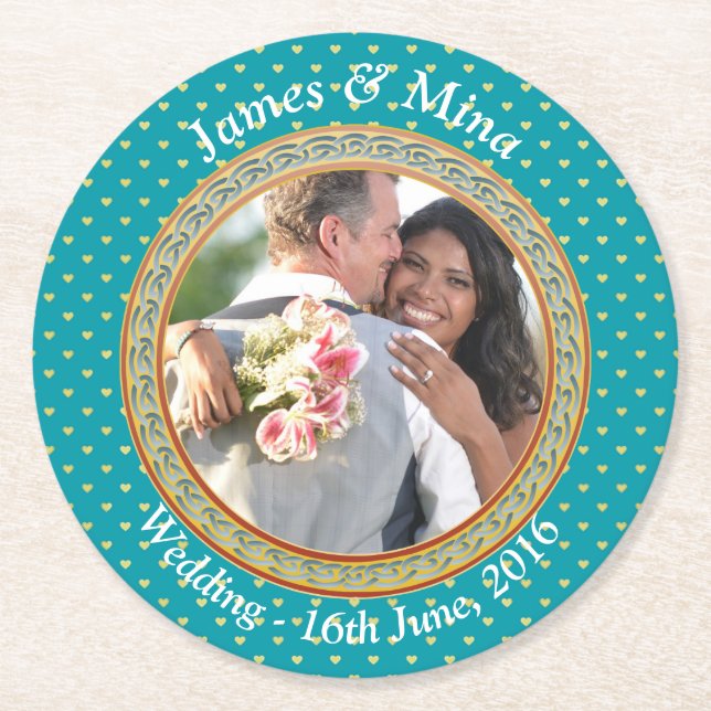 Blue and Gold Ornate Round Paper Coaster (Front)