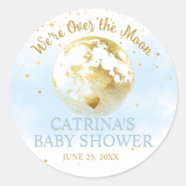 Blue and Gold Over the Moon Baby Shower Sticker (Front)