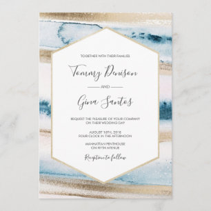 Blue and gold paint Watercolor Wedding Invitation