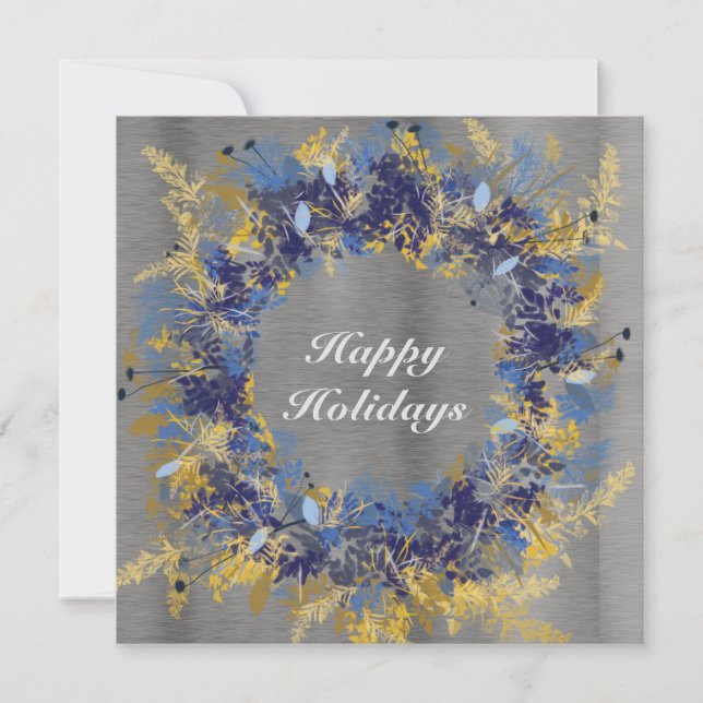 Blue and Gold Painted Wreath Holiday Card (Front)