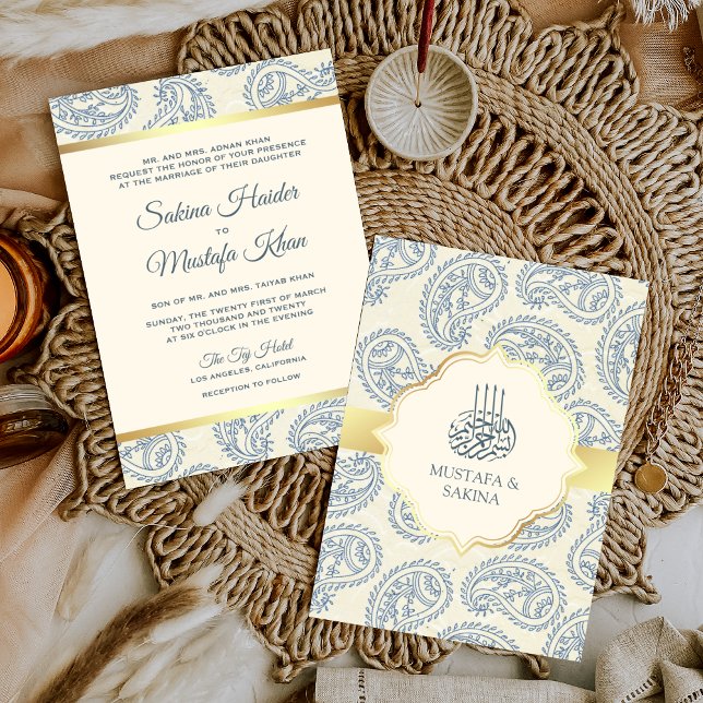 Blue and Gold Paisley Islamic Muslim Wedding Invitation (Creator Uploaded)