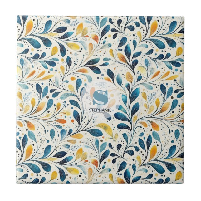 Blue and Gold Paisley Leaf Pattern (2) Ceramic Tile (Front)