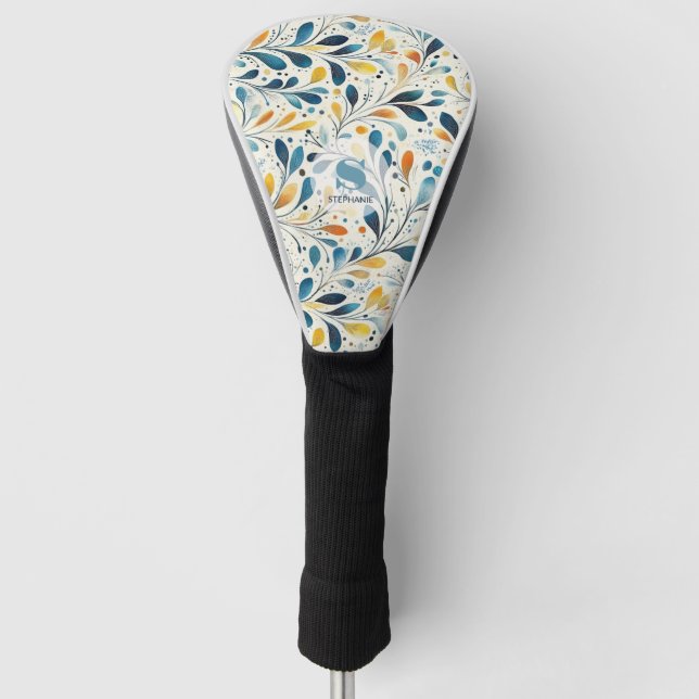 Blue and Gold Paisley Leaf Pattern (2) Golf Head Cover (Front)