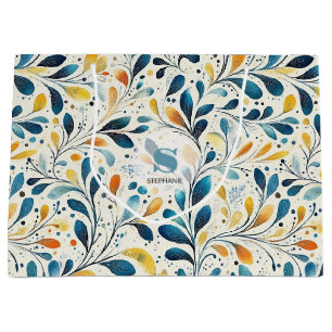 Blue and Gold Paisley Leaf Pattern (2) Large Gift Bag
