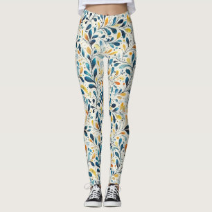 Blue and Gold Paisley Leaf Pattern (2) Leggings