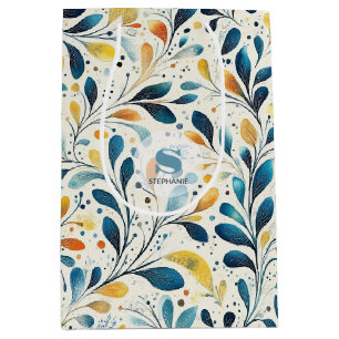 Blue and Gold Paisley Leaf Pattern (2) Medium Gift Bag