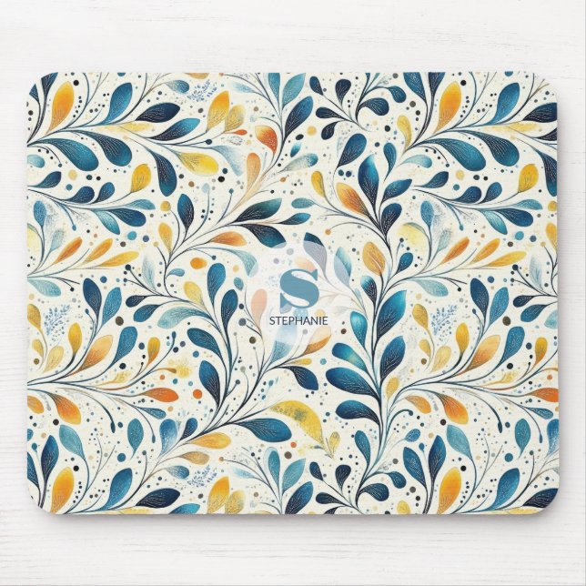 Blue and Gold Paisley Leaf Pattern (2) Mouse Pad (Front)