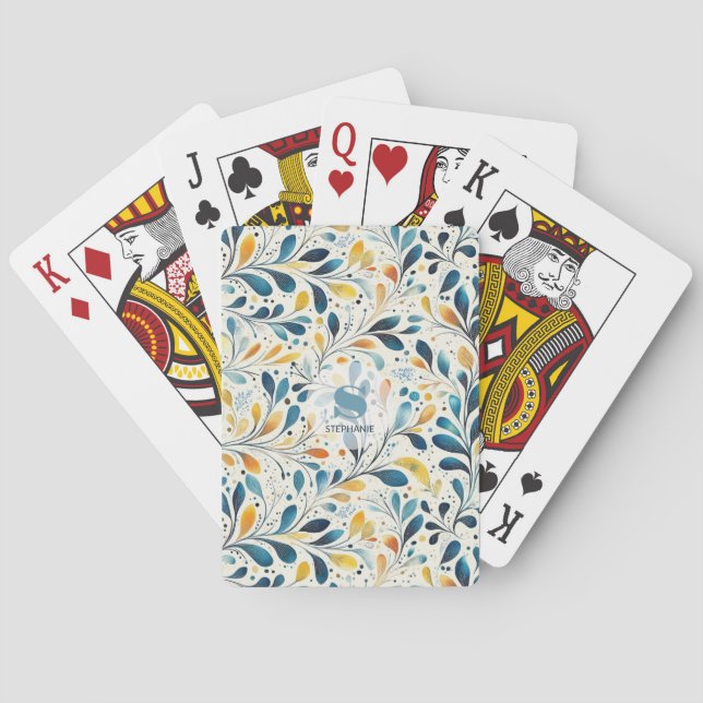 Blue and Gold Paisley Leaf Pattern (2) Playing Cards (Back)