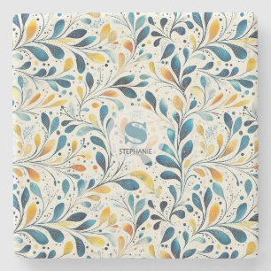 Blue and Gold Paisley Leaf Pattern (2) Stone Coaster