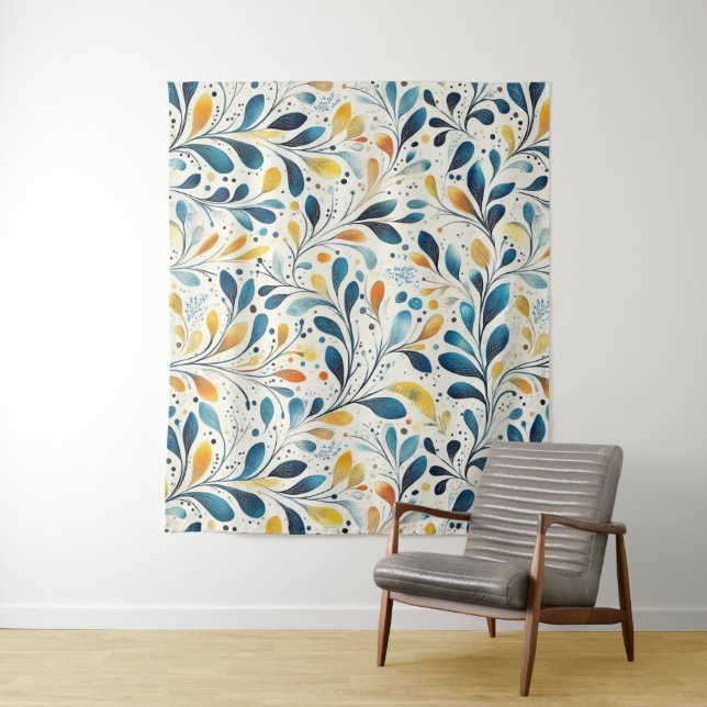 Blue and Gold Paisley Leaf Pattern (2) Tapestry (In Situ)